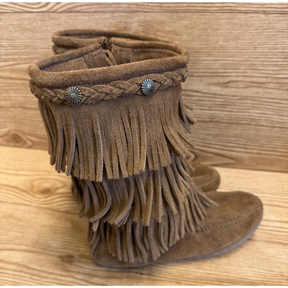 Minnetonka 3 Layer Triple Fringe Boot Moccasins Youth Sz 3 Brown Leather